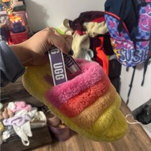 UGG Pink and Yellow Fluffy Slippers